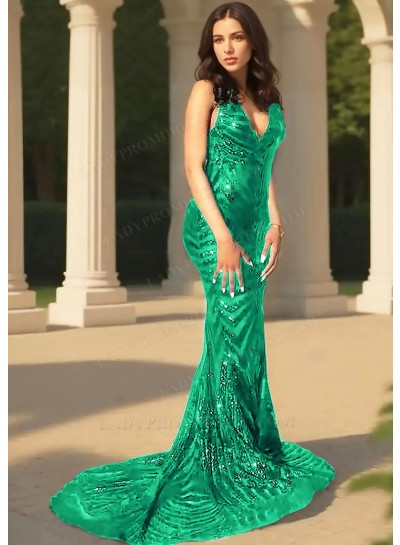 Emerald V-Neck Sequined Mermaid Prom Dresses