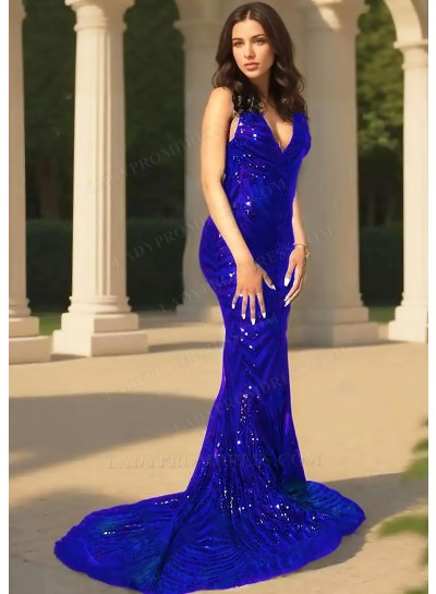 Royal Blue V-Neck Sequined Mermaid Prom Dresses