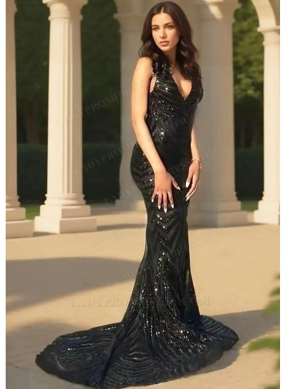 Black V-Neck Sequined Mermaid Prom Dresses