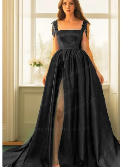 Black Square Neck High Slit Satin Ball Gown Prom Dresses