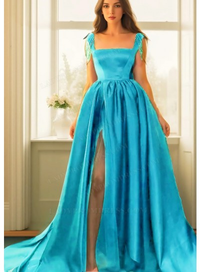 Blue Square Neck High Slit Satin Ball Gown Prom Dresses