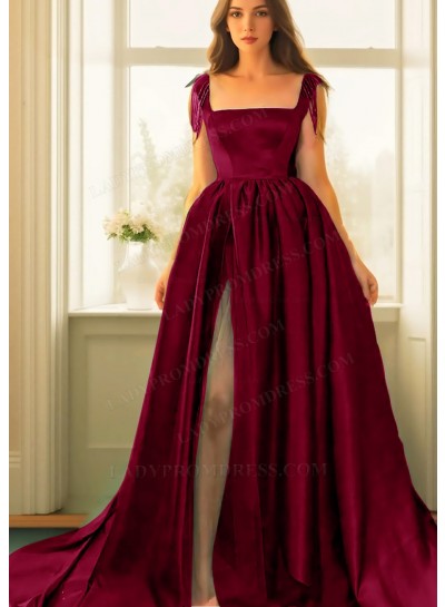 Burgundy Square Neck High Slit Satin Ball Gown Prom Dresses