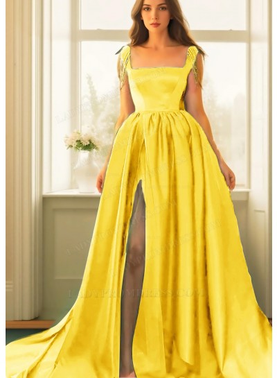 Daffodil Square Neck High Slit Satin Ball Gown Prom Dresses