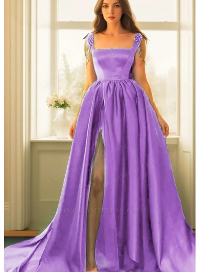 Lilac Square Neck High Slit Satin Ball Gown Prom Dresses