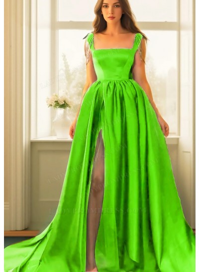 Lime Green Square Neck High Slit Satin Ball Gown Prom Dresses