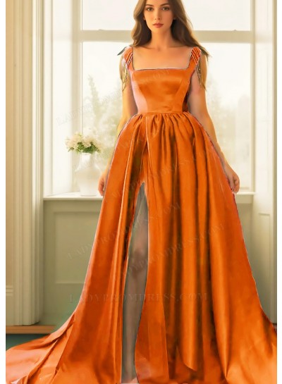 Orange Square Neck High Slit Satin Ball Gown Prom Dresses