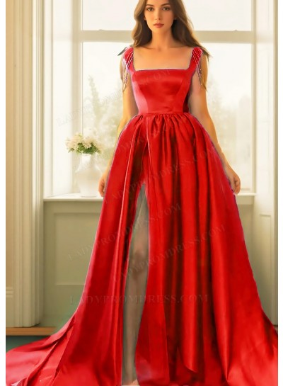 Red Square Neck High Slit Satin Ball Gown Prom Dresses