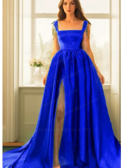 Royal Blue Square Neck High Slit Satin Ball Gown Prom Dresses