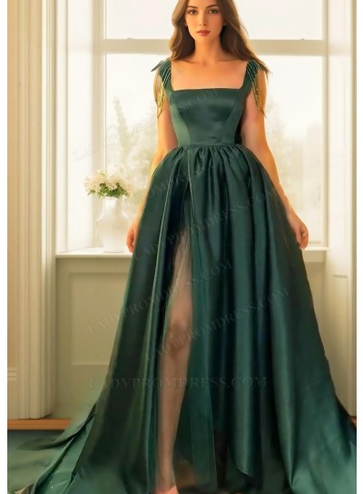 Emerald Green Square Neck High Slit Satin Ball Gown Prom Dresses