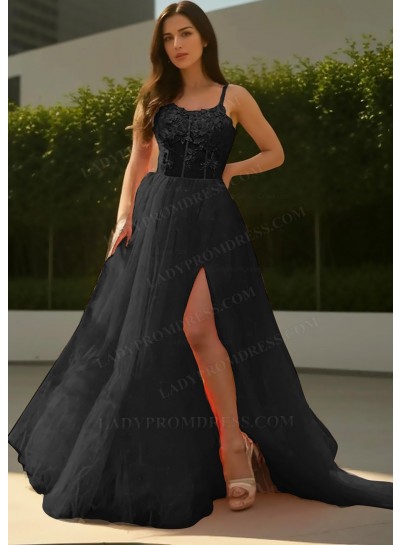 Black Sheer Bodice Tulle Prom Dresses with Appliques