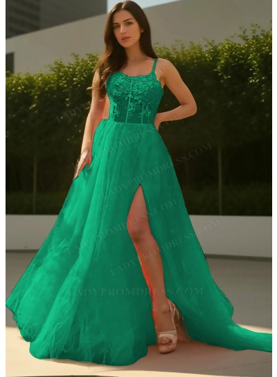 Emerald Sheer Bodice Tulle Prom Dresses with Appliques