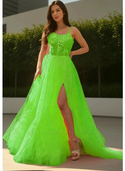 Lime Green Sheer Bodice Tulle Prom Dresses with Appliques