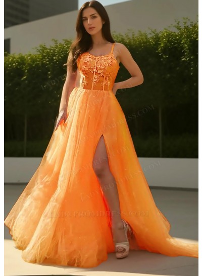 Orange Sheer Bodice Tulle Prom Dresses with Appliques