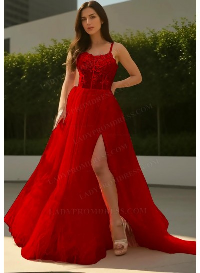 Red Sheer Bodice Tulle Prom Dresses with Appliques
