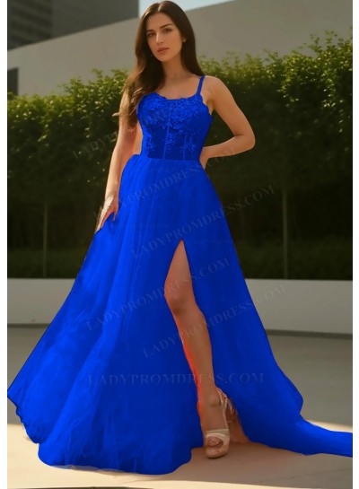 Royal Blue Sheer Bodice Tulle Prom Dresses with Appliques