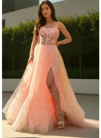 Blushing Pink Sheer Bodice Tulle Prom Dresses with Appliques