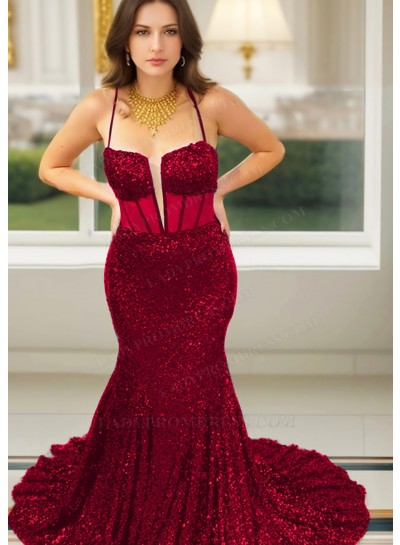 Burgundy Spaghetti Straps Sequined Mermaid Prom Dresses with Corset Bodice