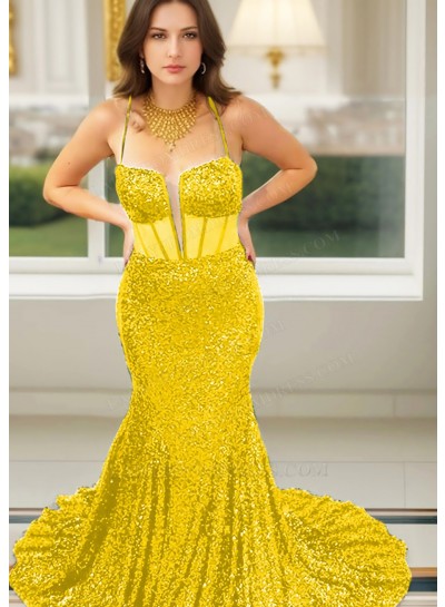 Daffodil Spaghetti Straps Sequined Mermaid Prom Dresses with Corset Bodice