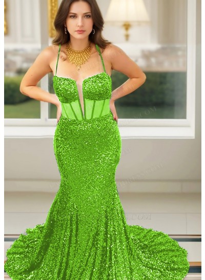 Lime Green Spaghetti Straps Sequined Mermaid Prom Dresses with Corset Bodice