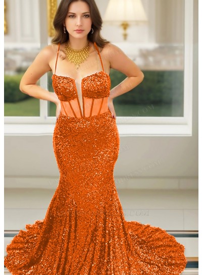 Orange Spaghetti Straps Sequined Mermaid Prom Dresses with Corset Bodice