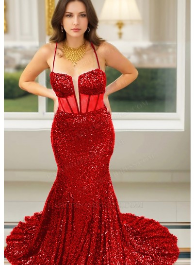 Red Spaghetti Straps Sequined Mermaid Prom Dresses with Corset Bodice
