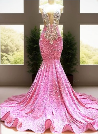 Pink V-neck Beaded Mermaid Prom Dresses with Ruffles