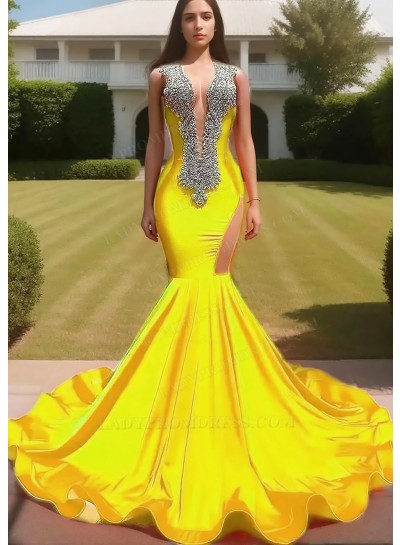 Daffodil V-neck Satin Hollow-out Beaded Mermaid Prom Dresses with Ruffles
