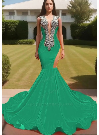 Emerald V-neck Satin Hollow-out Beaded Mermaid Prom Dresses with Ruffles