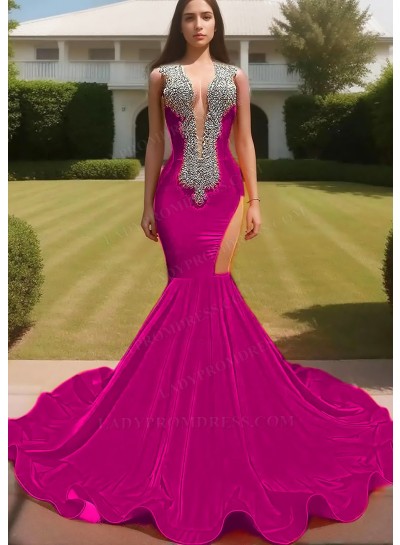 Fuchsia V-neck Satin Hollow-out Beaded Mermaid Prom Dresses with Ruffles