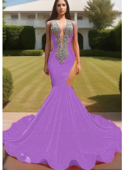 Lilac V-neck Satin Hollow-out Beaded Mermaid Prom Dresses with Ruffles