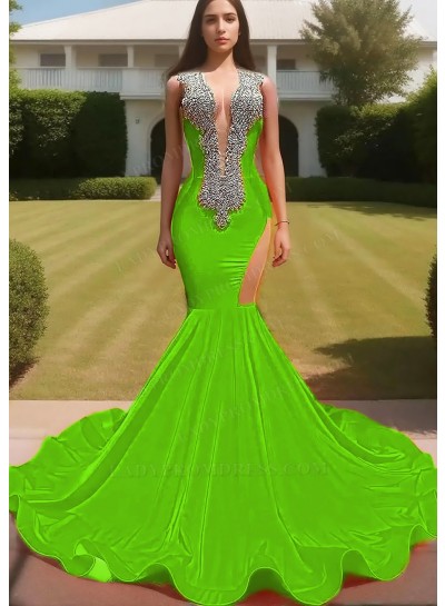 Lime Green V-neck Satin Hollow-out Beaded Mermaid Prom Dresses with Ruffles