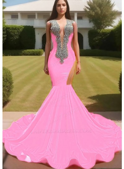 Pale Pink V-neck Satin Hollow-out Beaded Mermaid Prom Dresses with Ruffles
