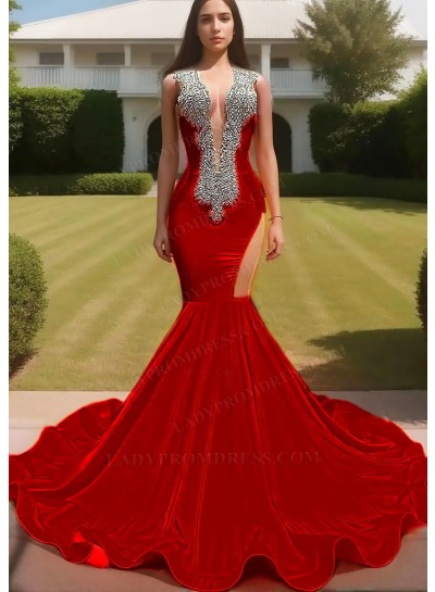 Red V-neck Satin Hollow-out Beaded Mermaid Prom Dresses with Ruffles