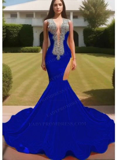 Royal Blue V-neck Satin Hollow-out Beaded Mermaid Prom Dresses with Ruffles