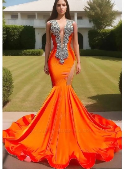Orange V-neck Satin Hollow-out Beaded Mermaid Prom Dresses with Ruffles