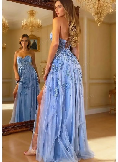 Blue Tulle A-Line Strapless Side Split Prom Dresses with Floral Appliques