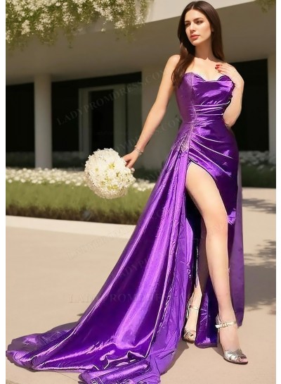 Purple Strapless High Slit Satin Pleated Prom Dresses