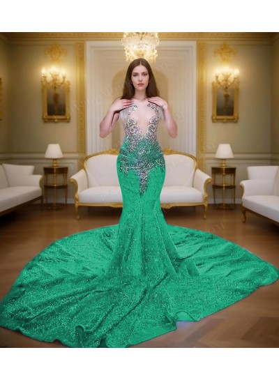 Emerald Glitter Sheer Mermaid Prom Dresses with Beaded