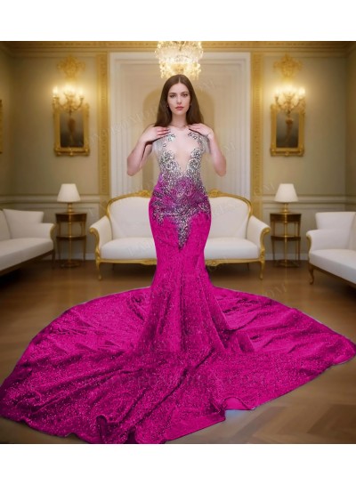 Fuchsia Glitter Sheer Mermaid Prom Dresses with Beaded