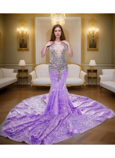 Lilac Glitter Sheer Mermaid Prom Dresses with Beaded