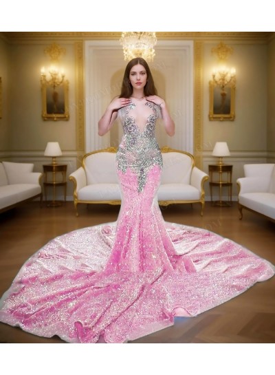 Pale Pink Glitter Sheer Mermaid Prom Dresses with Beaded