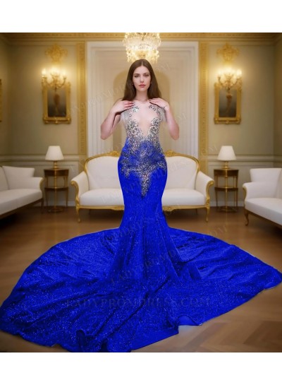 Royal Blue Glitter Sheer Mermaid Prom Dresses with Beaded