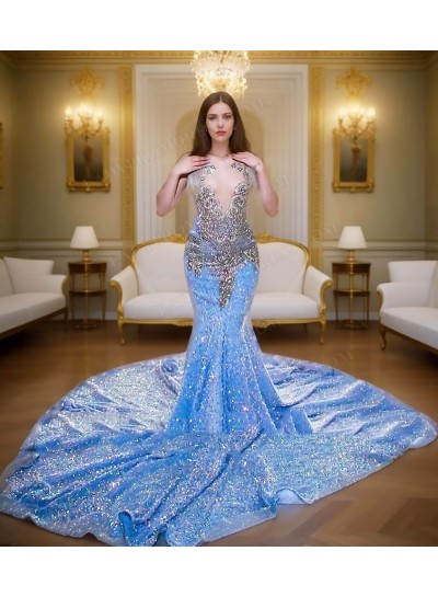 Blue Glitter Sheer Mermaid Prom Dresses with Beaded