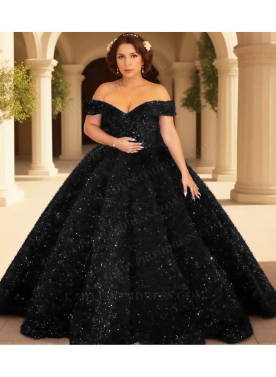 Black Sequins Ball Gown Off Shoulder Glitter Quinceanera Prom Dresses