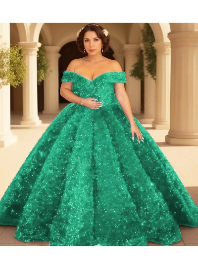 Emerald Sequins Ball Gown Off Shoulder Glitter Quinceanera Prom Dresses