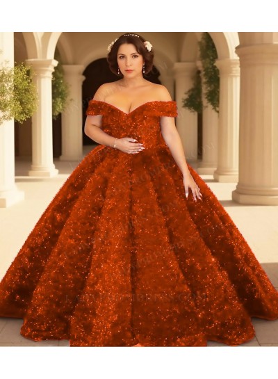 Orange Sequins Ball Gown Off Shoulder Glitter Quinceanera Prom Dresses