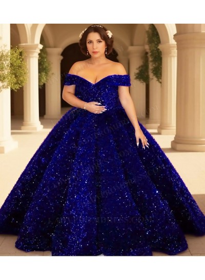Royal Blue Sequins Ball Gown Off Shoulder Glitter Quinceanera Prom Dresses