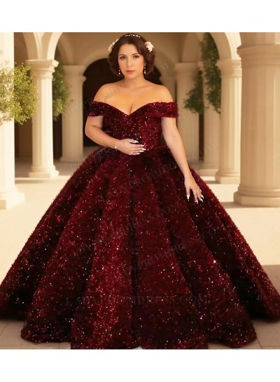 Burgundy Sequins Ball Gown Off Shoulder Glitter Quinceanera Prom Dresses