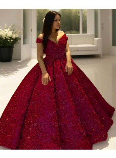 Burgundy Off the Shoulder Ball Gown Sequins Quinceanera Prom Dresses