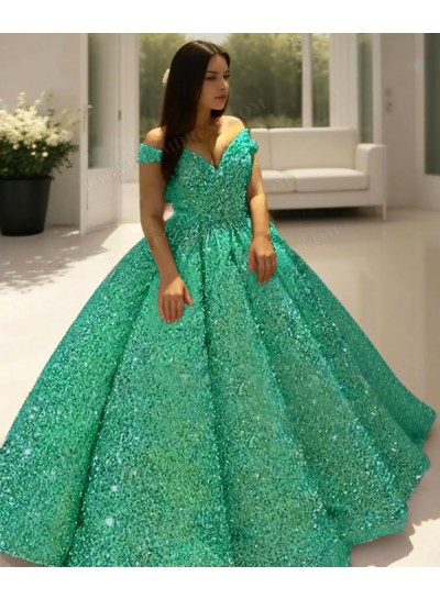 Emerald Off the Shoulder Ball Gown Sequins Quinceanera Prom Dresses